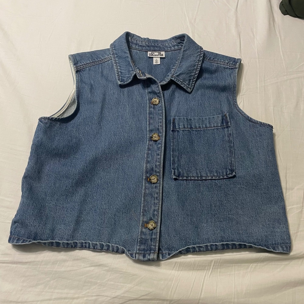 Future Collective Denim Vest Womens XL Blue Button Front Sleeveless Trucker Top